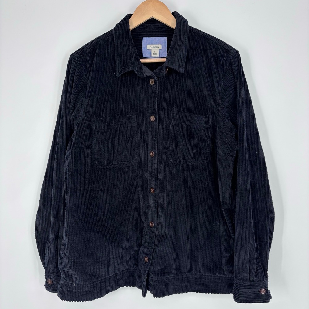 LL Bean Corduroy Shirt Jacket Womens Large Navy Cotton Button Down Chore Coat